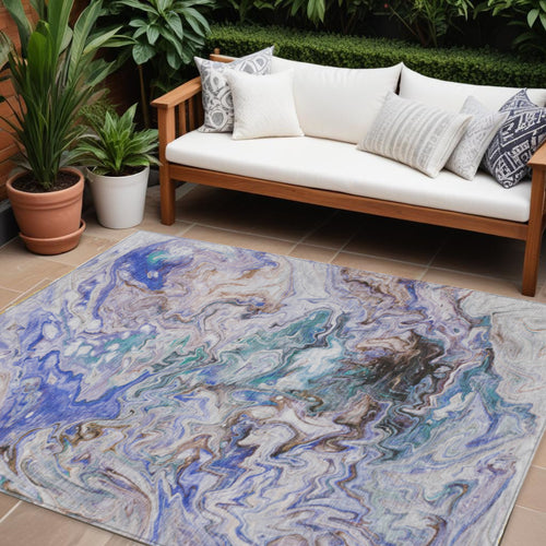 10 X 14 Beige Blue And Taupe Abstract Washable Indoor Outdoor Area Rug