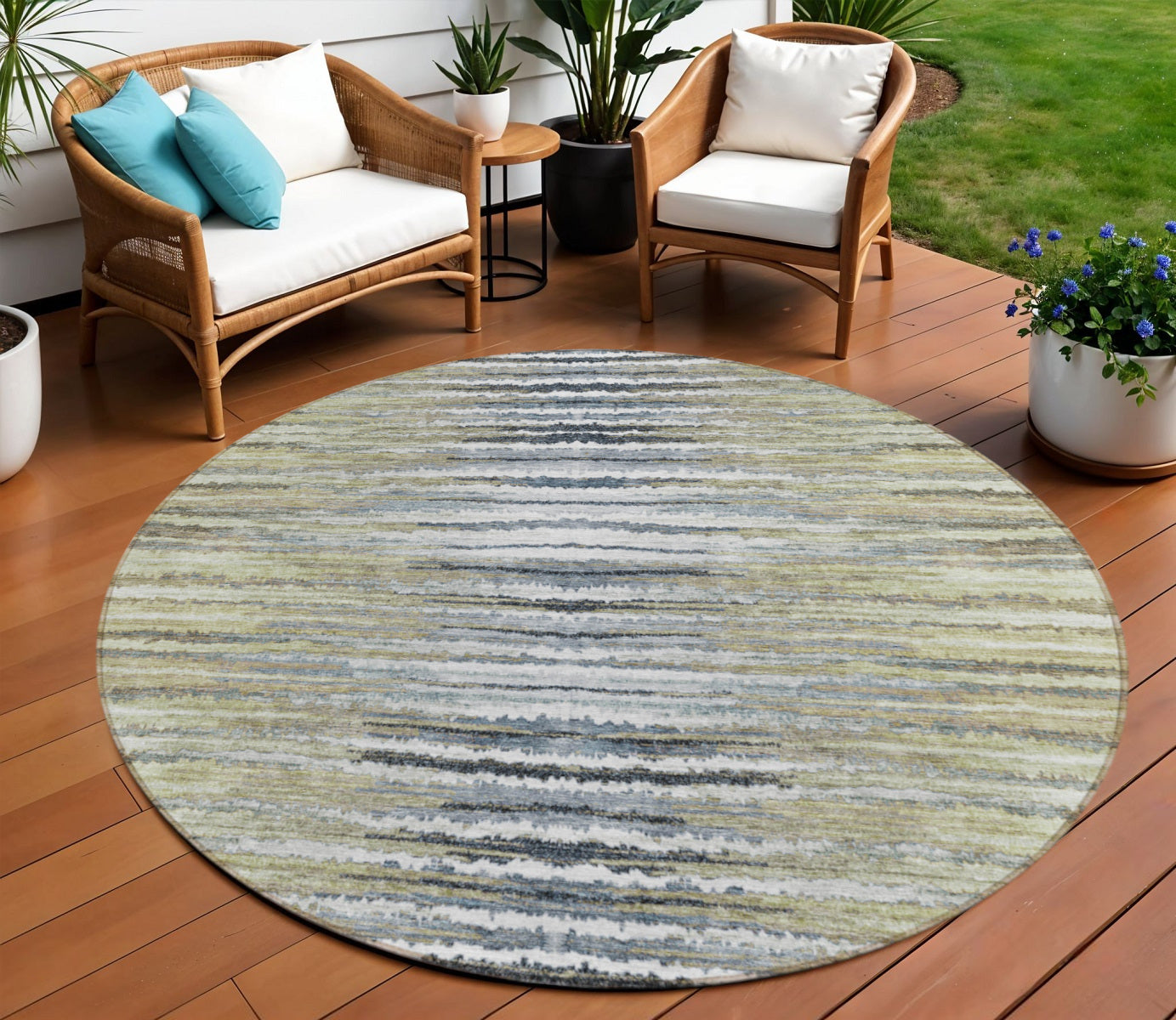 8 Beige Tan And Taupe Round Striped Washable Indoor Outdoor Area Rug
