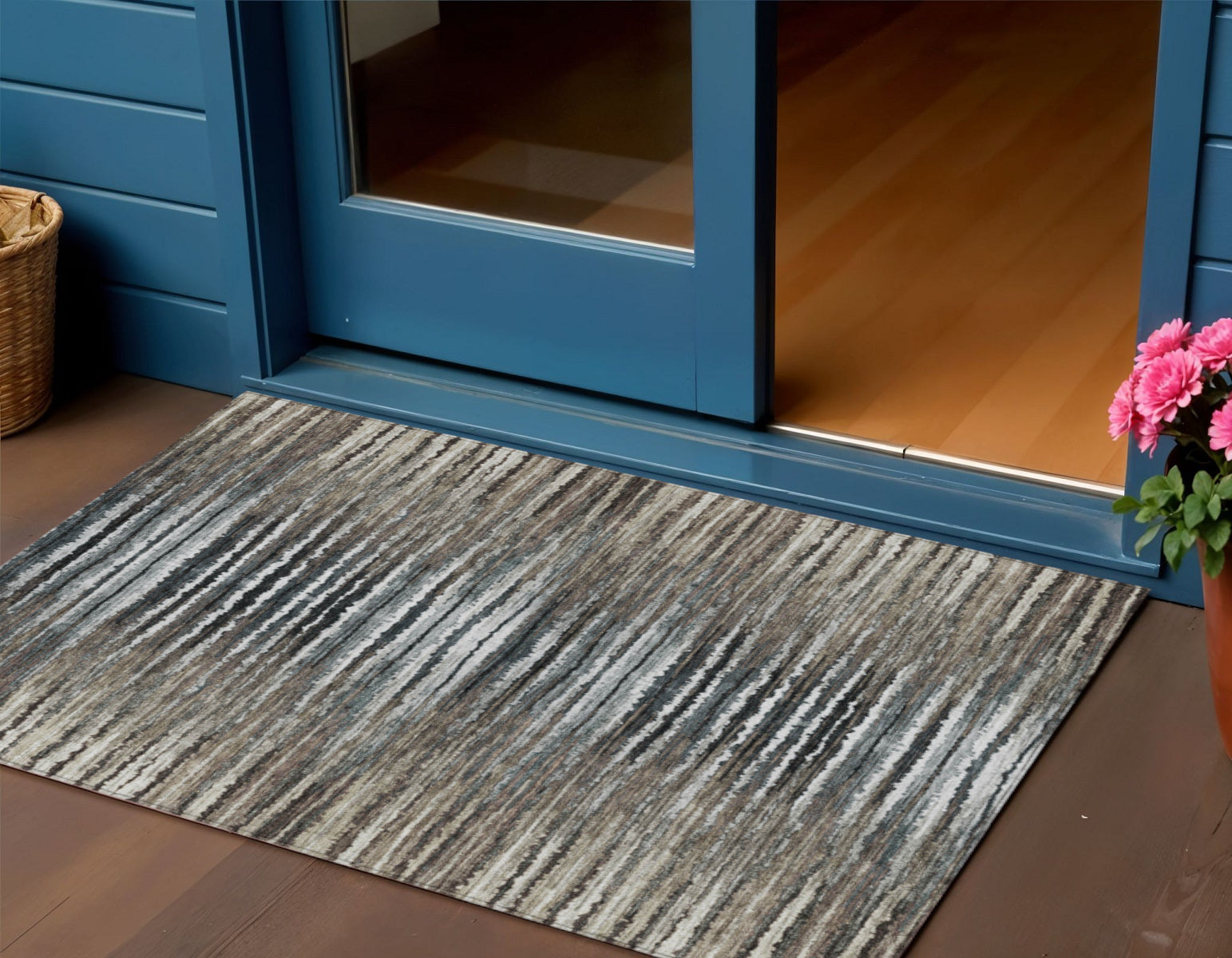 3 X 5 Brown Taupe And Chocolate Striped Washable Indoor Outdoor Area Rug