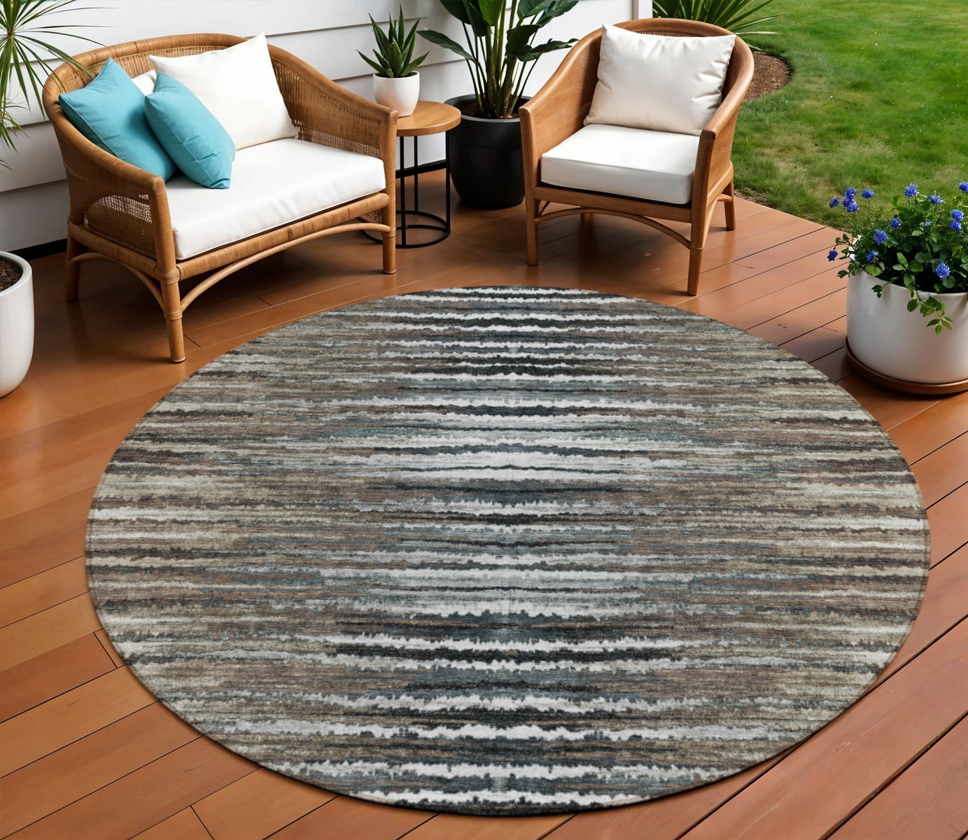 8 Brown Taupe And Chocolate Round Striped Washable Indoor Outdoor Area Rug