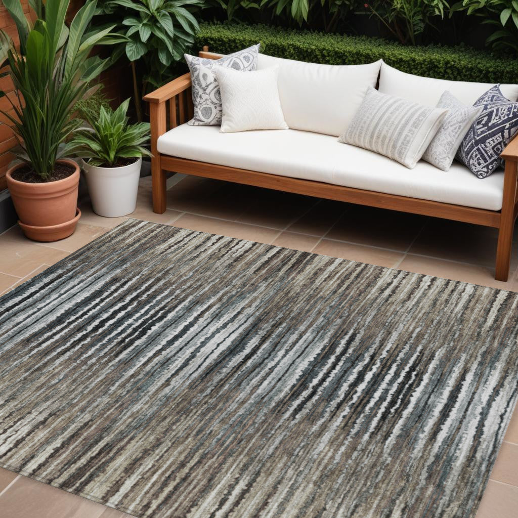 9 X 12 Brown Taupe And Chocolate Striped Washable Indoor Outdoor Area Rug
