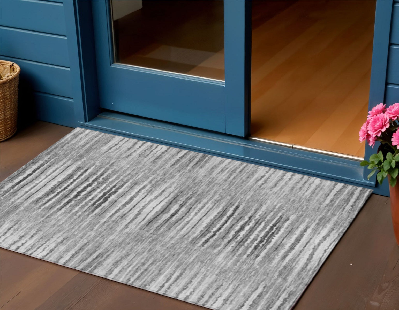3 X 5 Silver Gray And Charcoal Striped Washable Indoor Outdoor Area Rug
