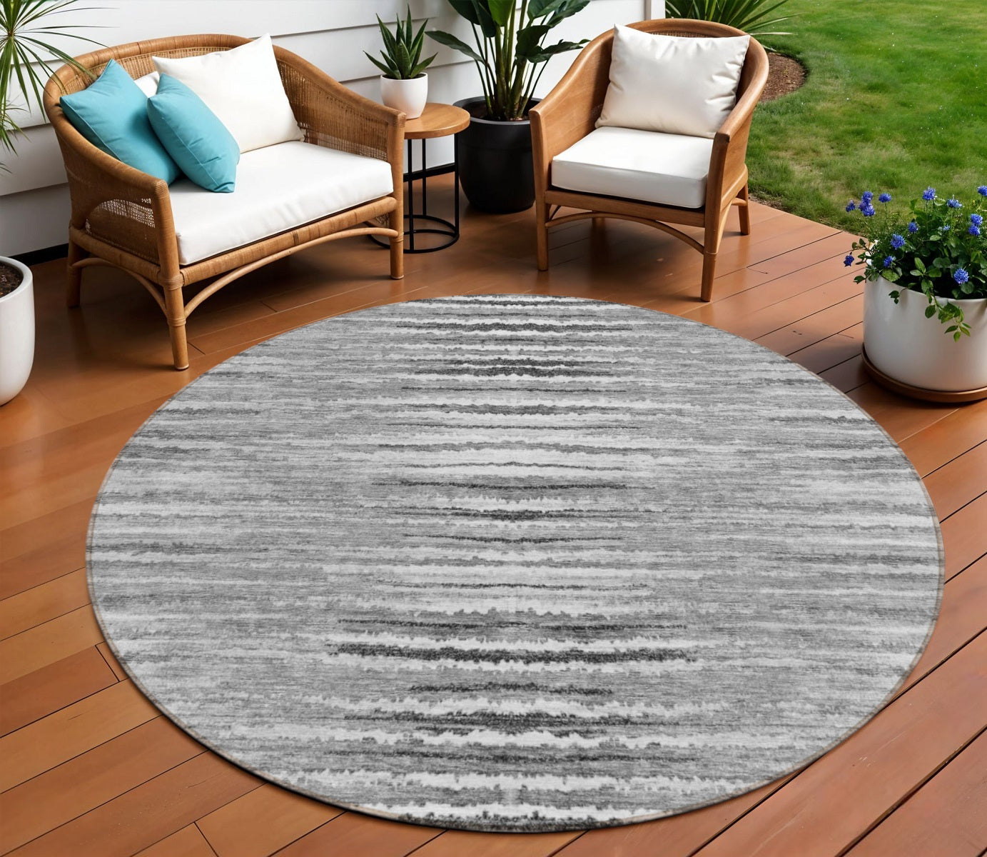 8 Silver Gray And Charcoal Round Striped Washable Indoor Outdoor Area Rug