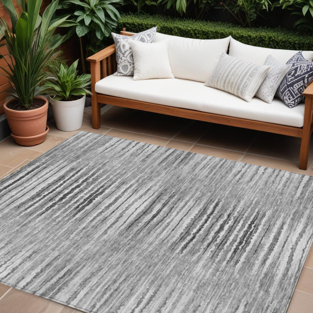 9 X 12 Silver Gray And Charcoal Striped Washable Indoor Outdoor Area Rug