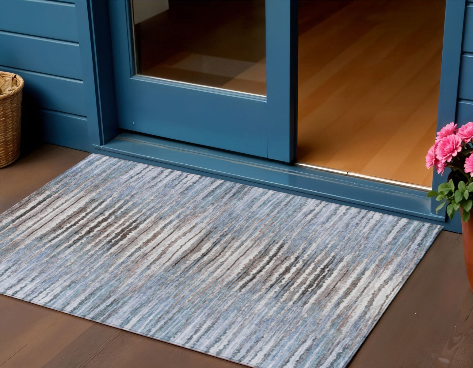 3 X 5 Sky Blue And Denim Blue Striped Washable Indoor Outdoor Area Rug