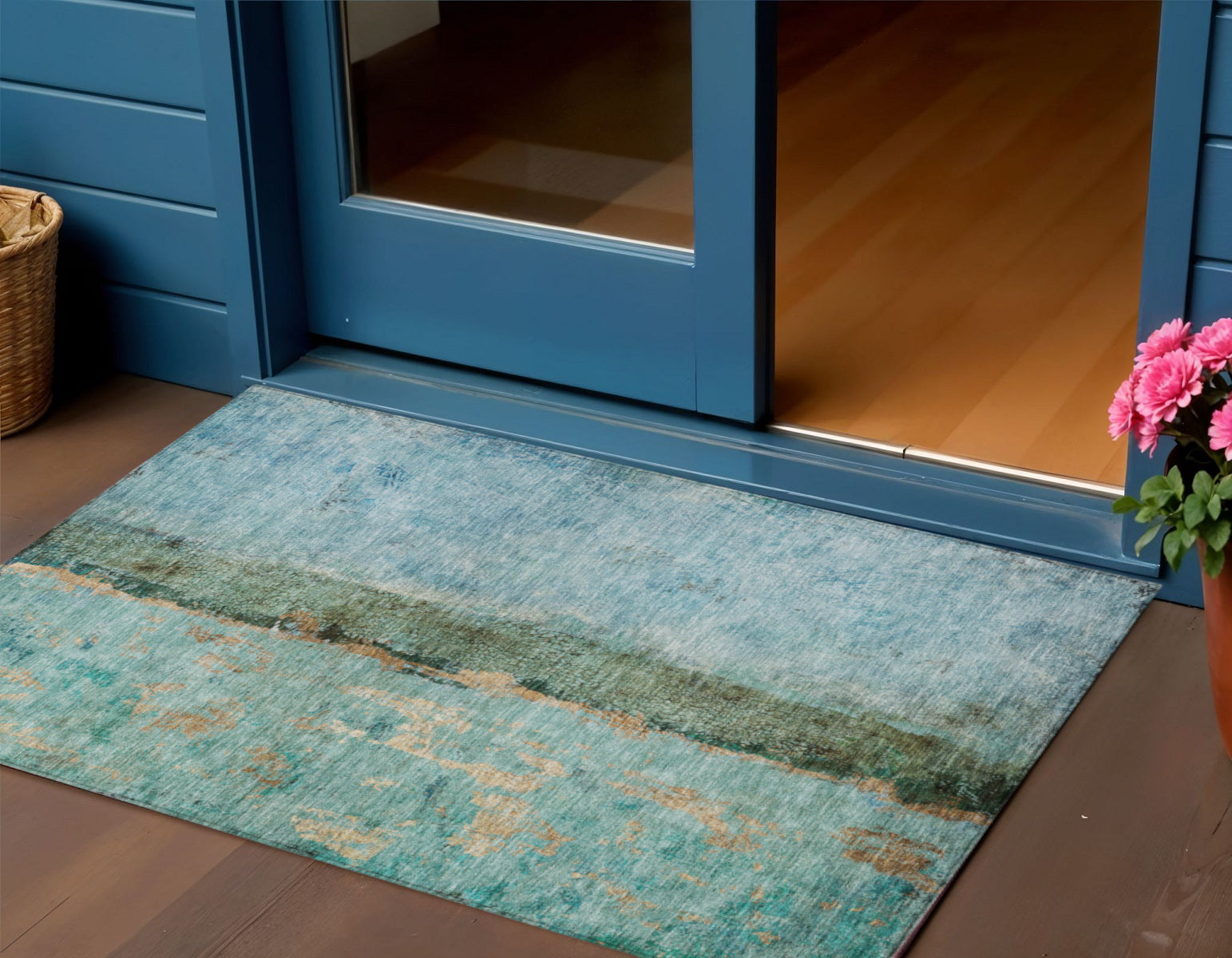 3 X 5 Blue And Gold Abstract Washable Indoor Outdoor Area Rug