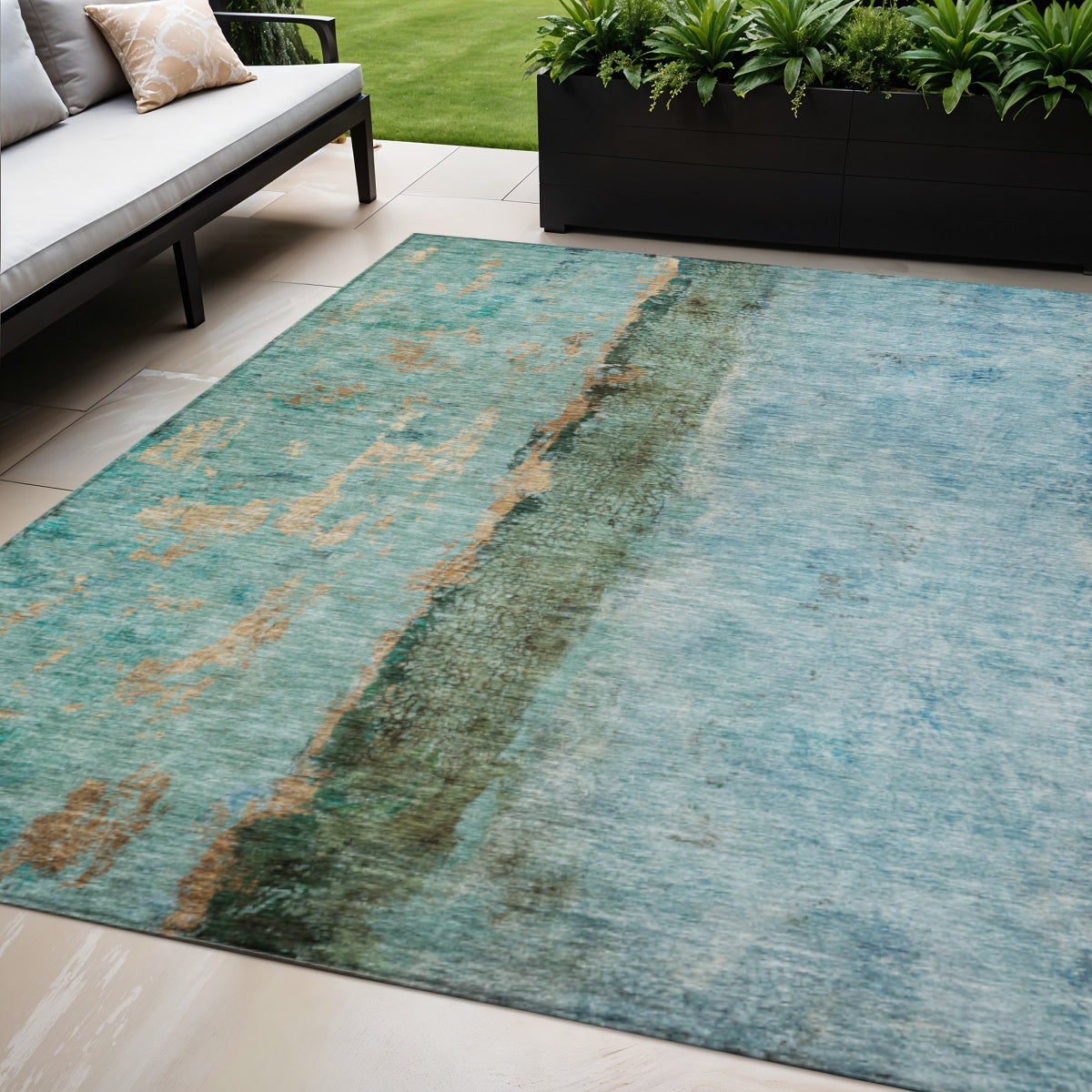 5 X 8 Blue And Gold Abstract Washable Indoor Outdoor Area Rug