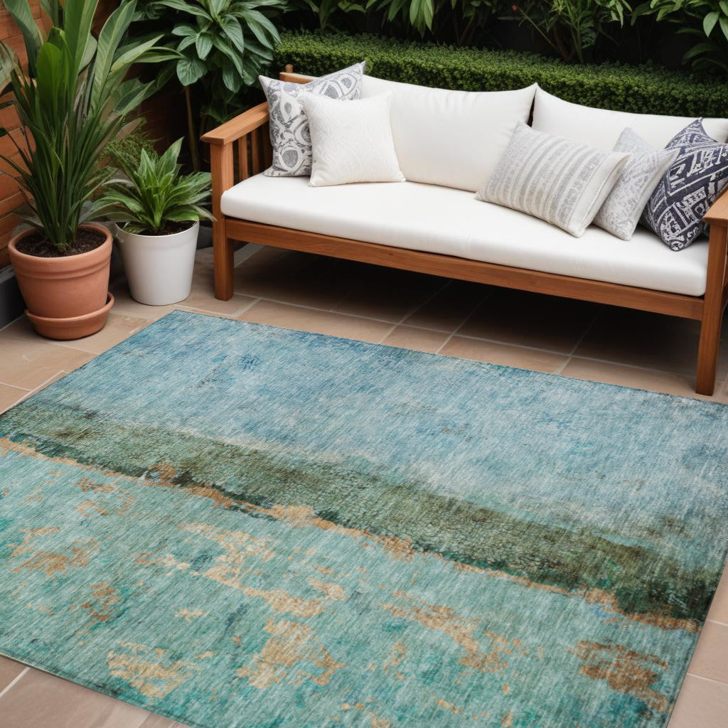 9 X 12 Blue And Gold Abstract Washable Indoor Outdoor Area Rug