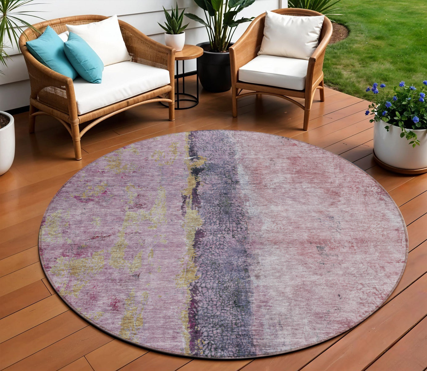 8 Blush Pink And Purple Round Abstract Washable Indoor Outdoor Area Rug