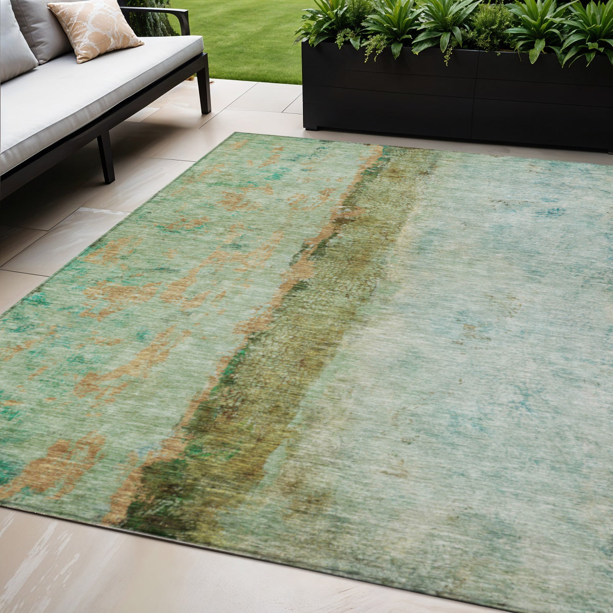 5 X 8 Olive Green And Blue Abstract Washable Indoor Outdoor Area Rug