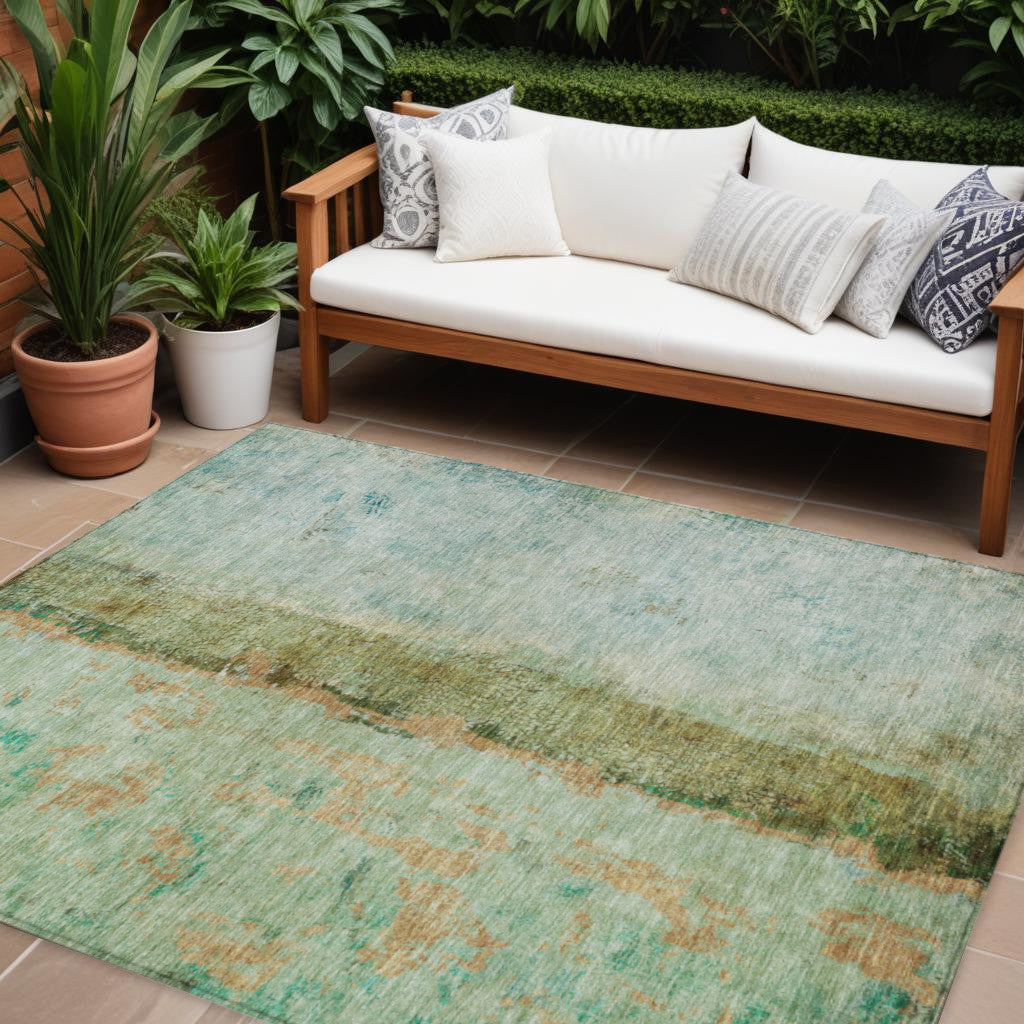 10 X 14 Olive Green And Blue Abstract Washable Indoor Outdoor Area Rug