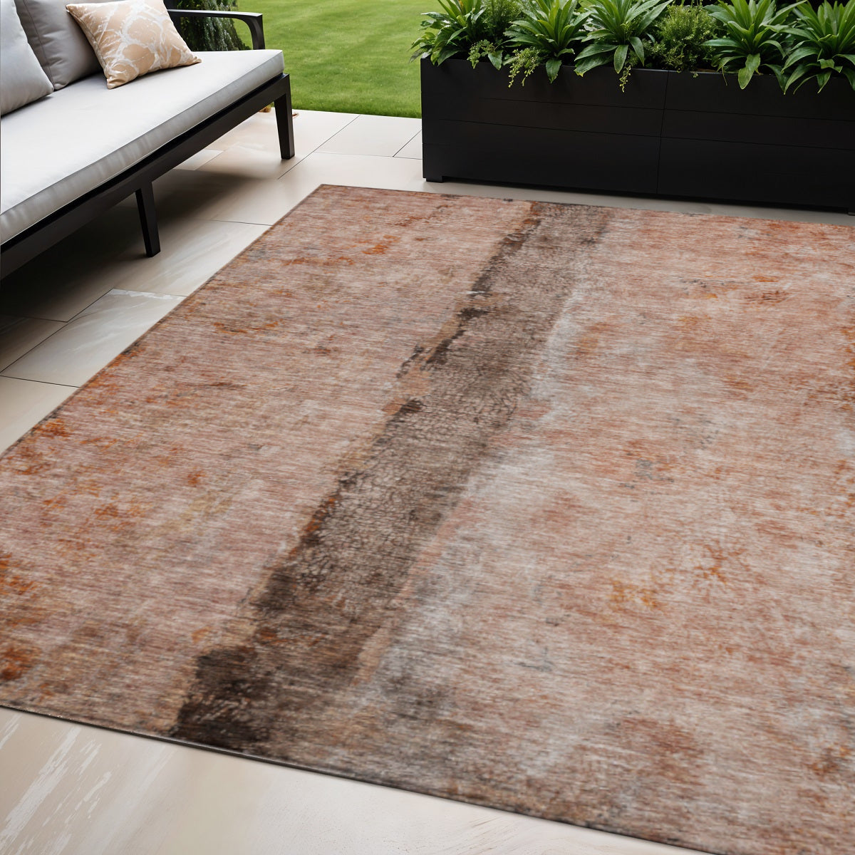 5 X 8 Orange Peach And Brown Abstract Washable Indoor Outdoor Area Rug