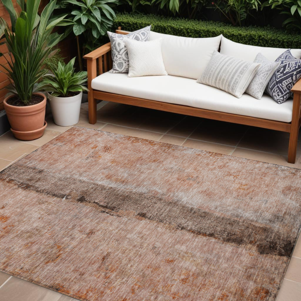 8 X 10 Orange Peach And Brown Abstract Washable Indoor Outdoor Area Rug