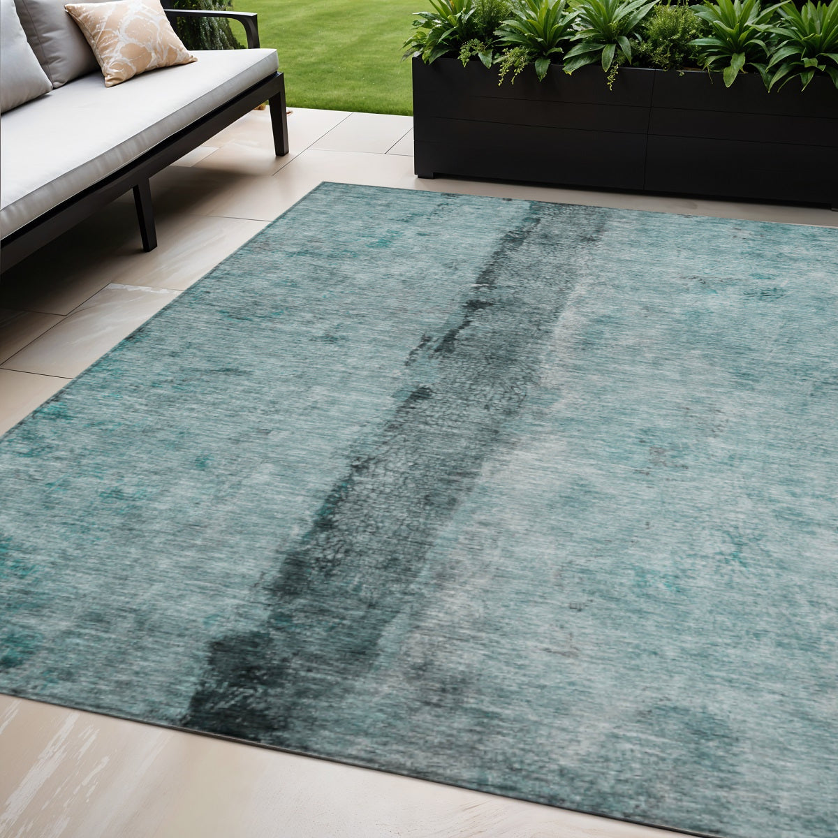 5 X 8 Teal Blue Aqua And Charcoal Abstract Washable Indoor Outdoor Area Rug