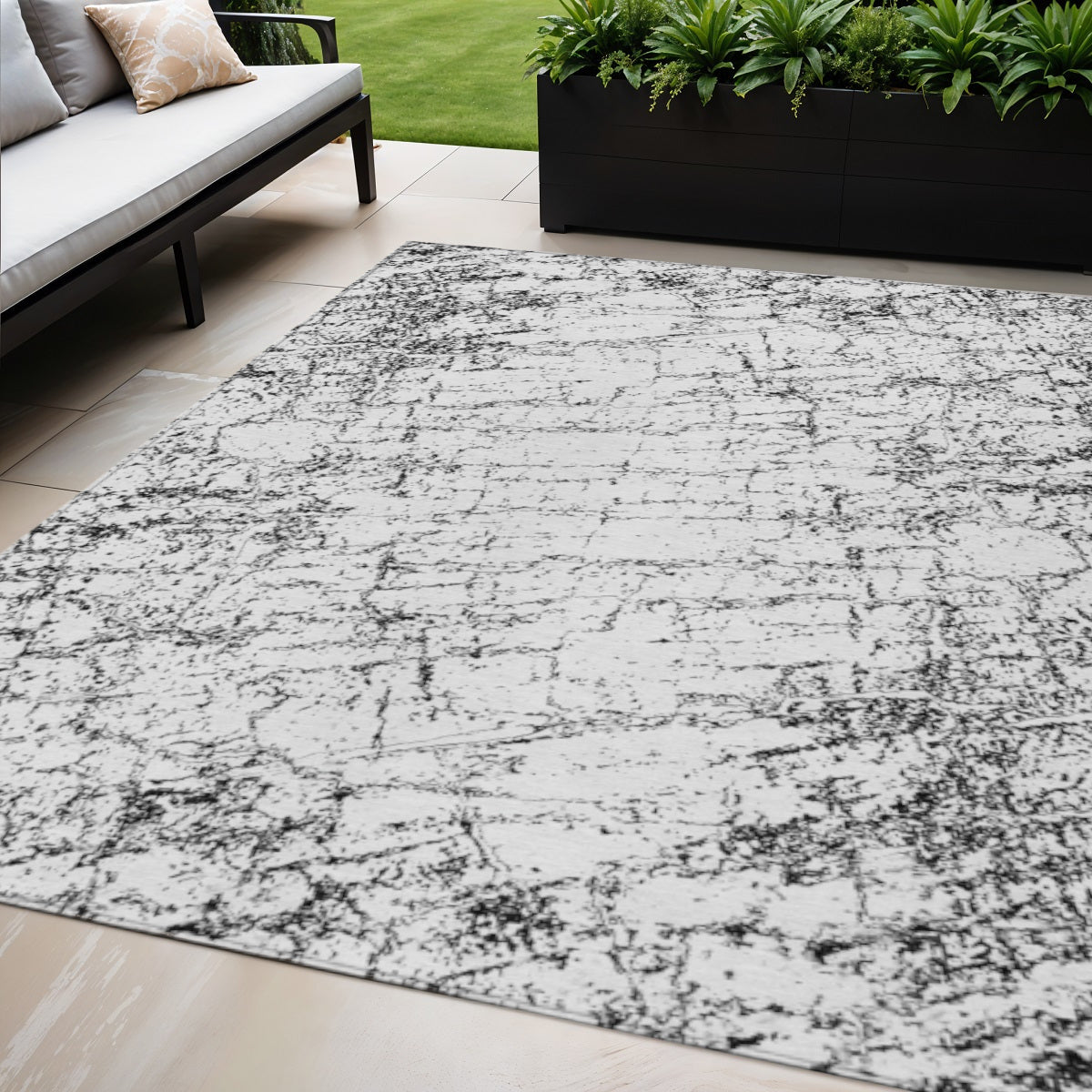 5 X 8 Black White And Gray Abstract Washable Indoor Outdoor Area Rug