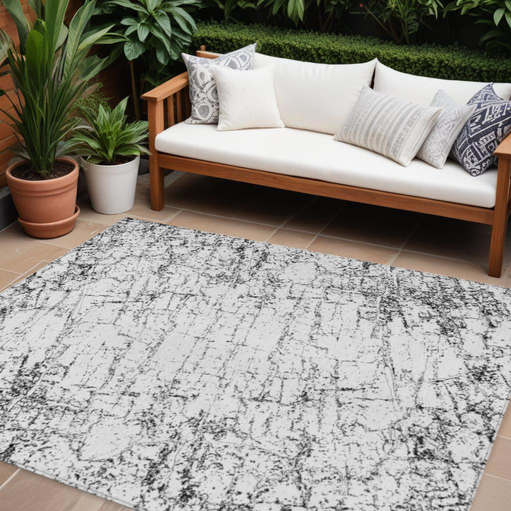 9 X 12 Black White And Gray Abstract Washable Indoor Outdoor Area Rug