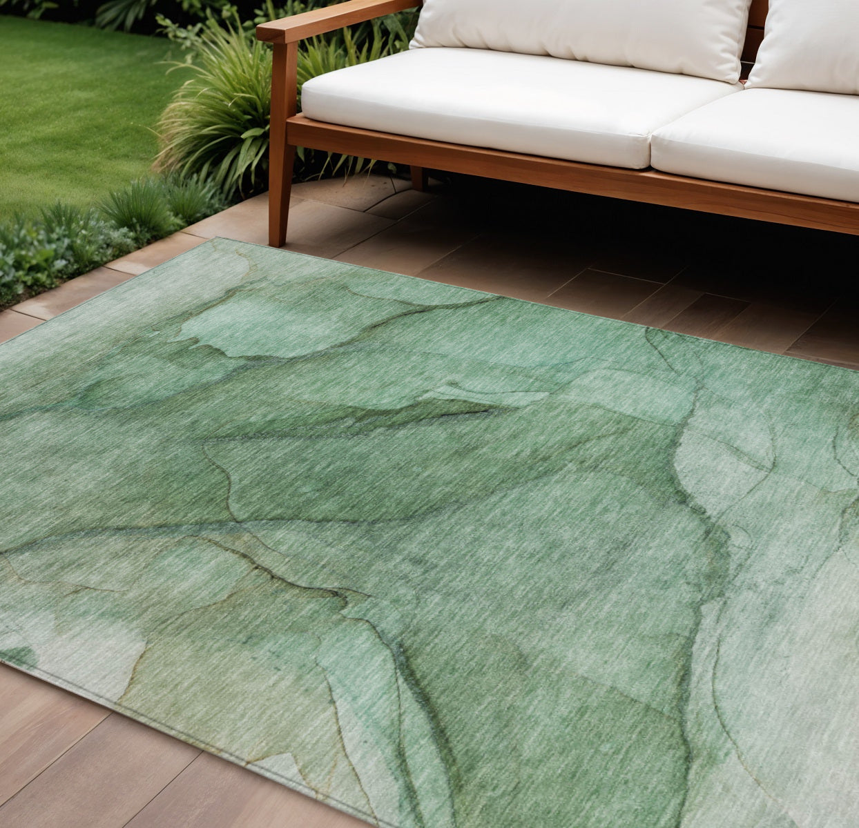 10 X 14 Green And Sage Abstract Washable Indoor Outdoor Area Rug