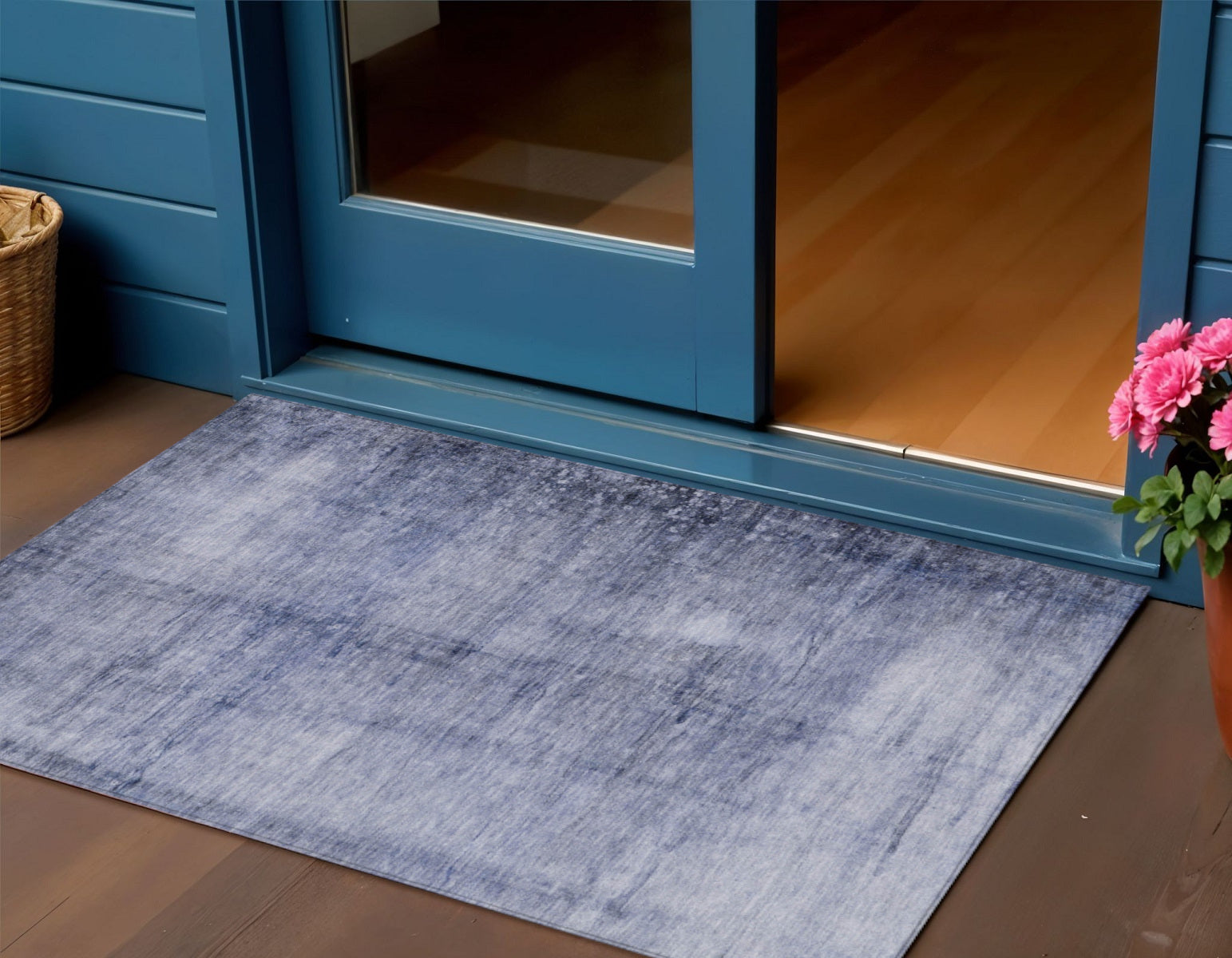 3 X 5 Navy Blue And Sky Blue Abstract Washable Indoor Outdoor Area Rug