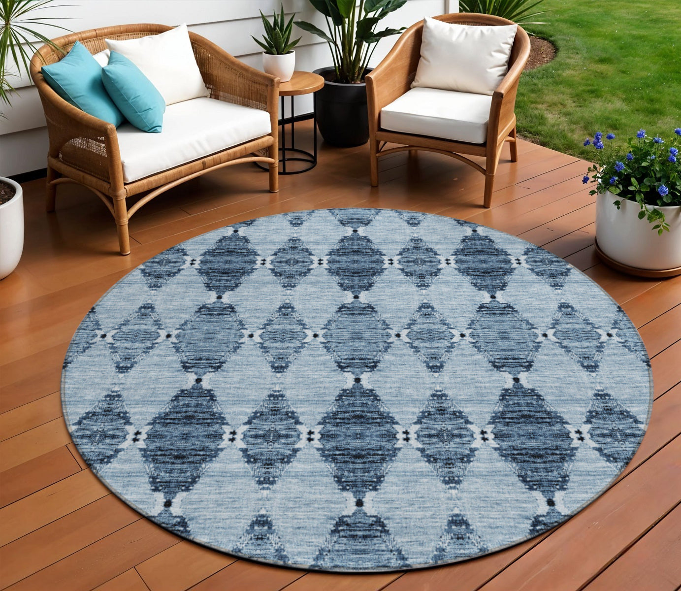 8 Navy Blue And Denim Blue Round Moroccan Washable Indoor Outdoor Area Rug