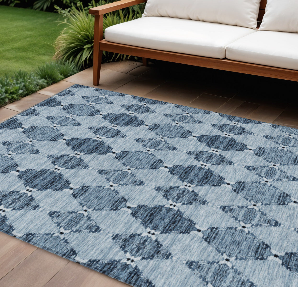 9 X 12 Navy Blue And Denim Blue Moroccan Washable Indoor Outdoor Area Rug