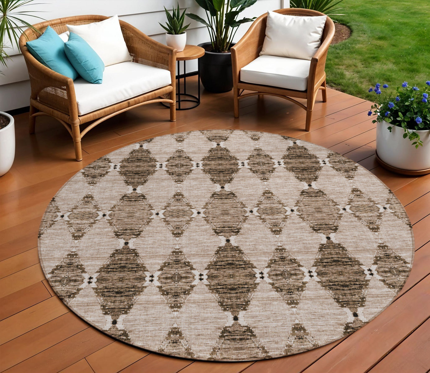 8 Brown And Chocolate Round Moroccan Washable Indoor Outdoor Area Rug