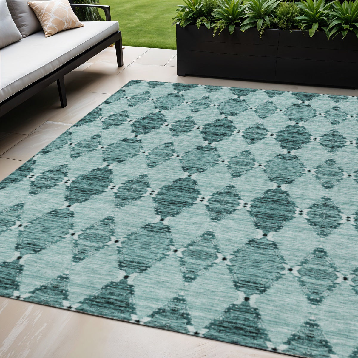 5 X 8 Teal Blue Aqua And Charcoal Moroccan Washable Indoor Outdoor Area Rug