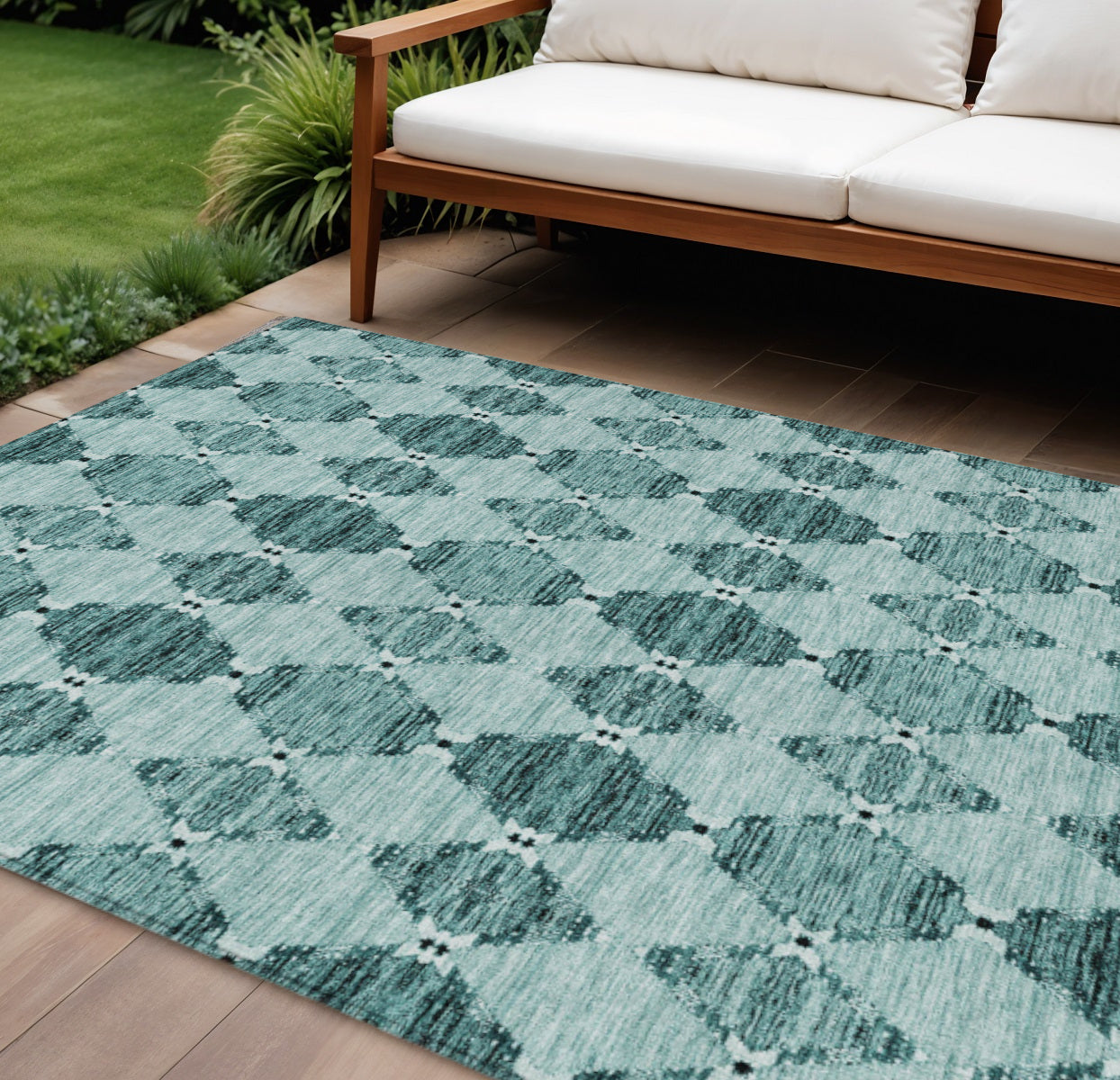 8 X 10 Teal Blue Aqua And Charcoal Moroccan Washable Indoor Outdoor Area Rug