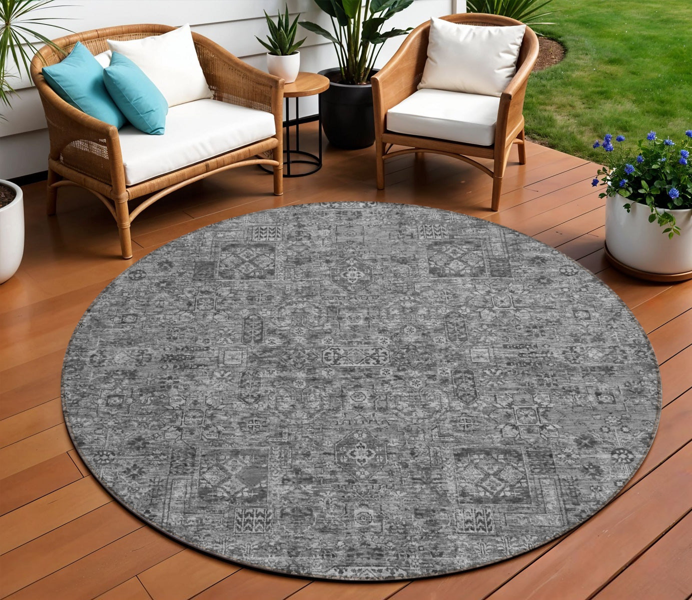 8 Charcoal And Silver Round Floral Washable Indoor Outdoor Area Rug