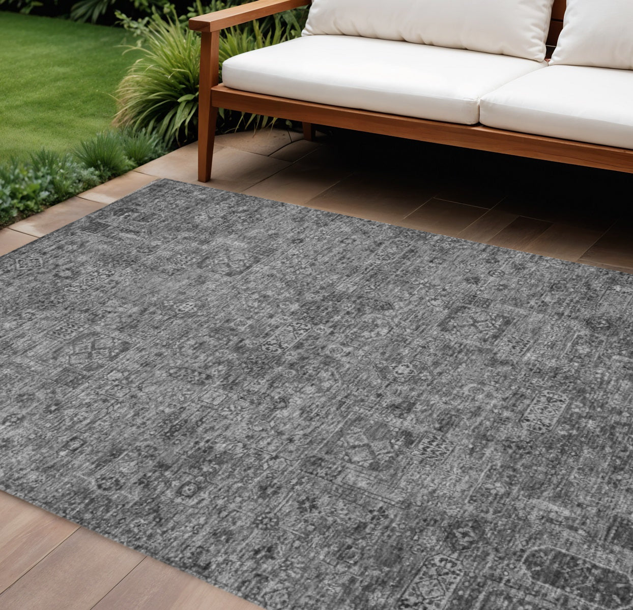 10 X 14 Charcoal And Silver Floral Washable Indoor Outdoor Area Rug