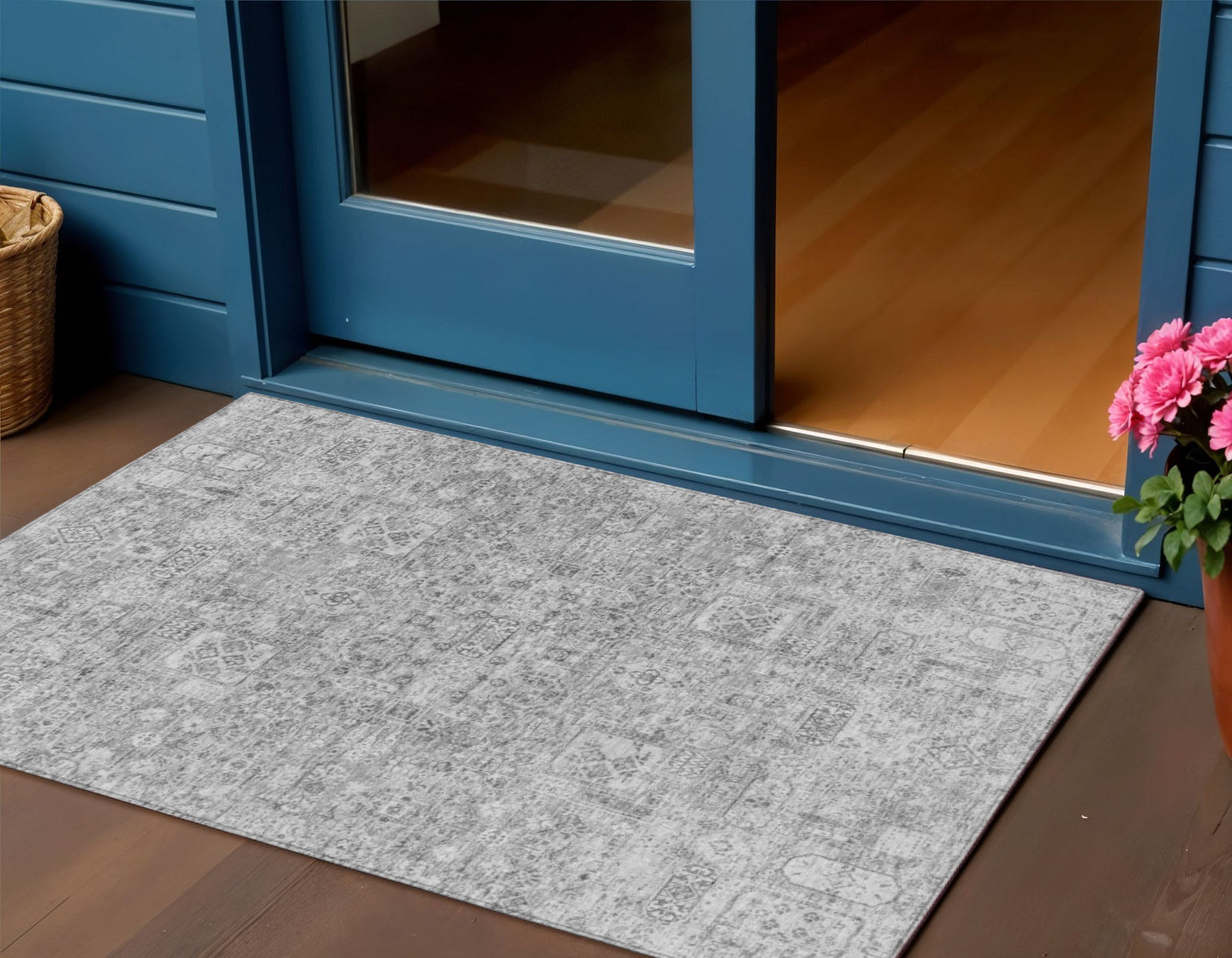 3 X 5 Gray Silver And Charcoal Floral Washable Indoor Outdoor Area Rug