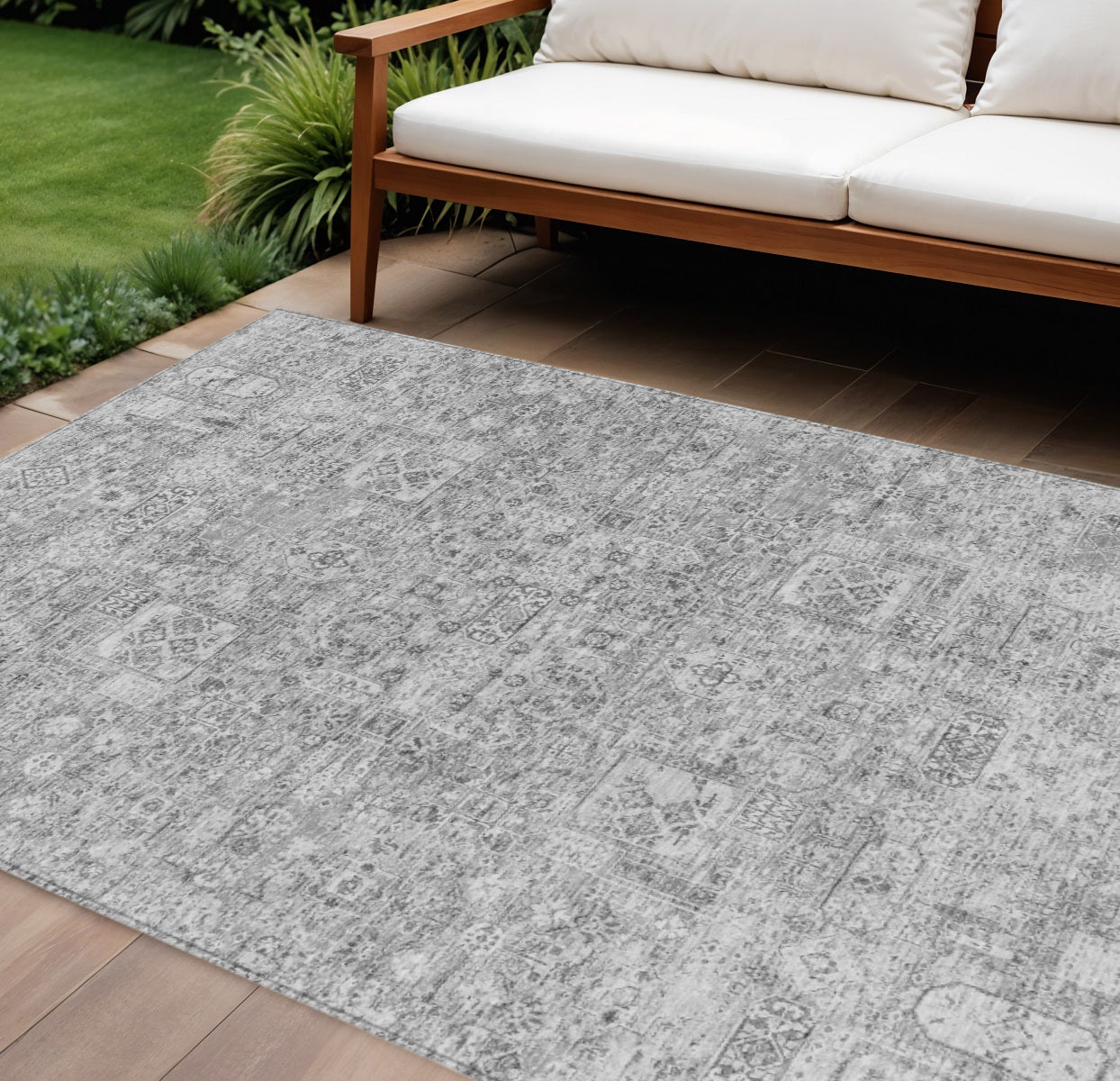 9 X 12 Gray Silver And Charcoal Floral Washable Indoor Outdoor Area Rug