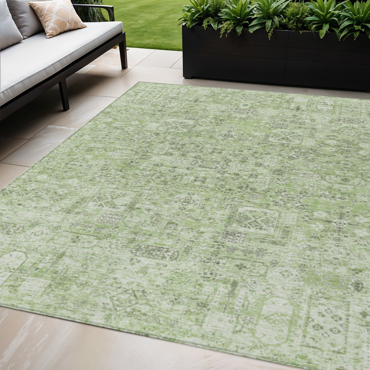 5 X 8 Artichoke Green And Olive Green Floral Washable Indoor Outdoor Area Rug