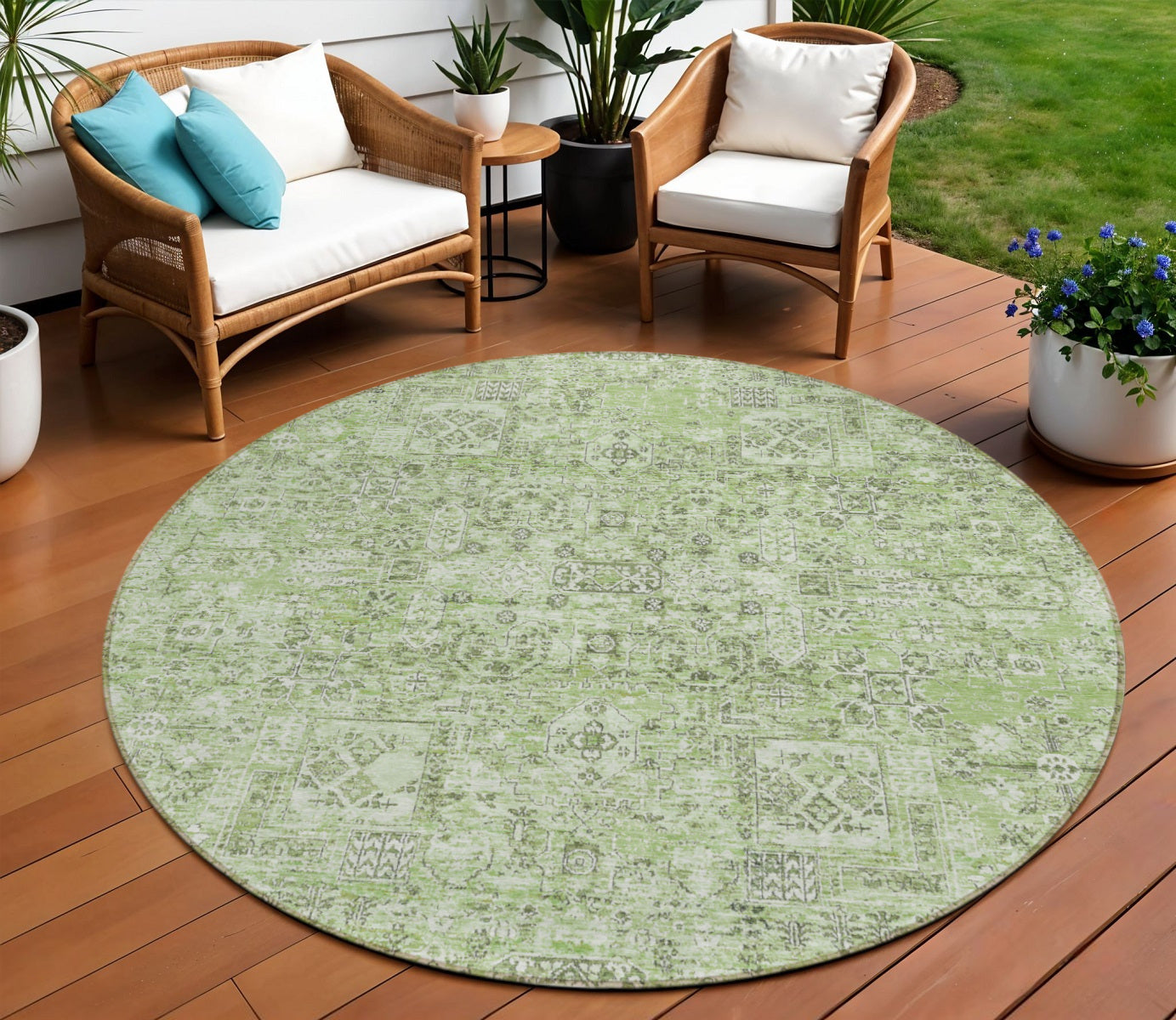 8 Artichoke Green And Olive Green Round Floral Washable Indoor Outdoor Area Rug