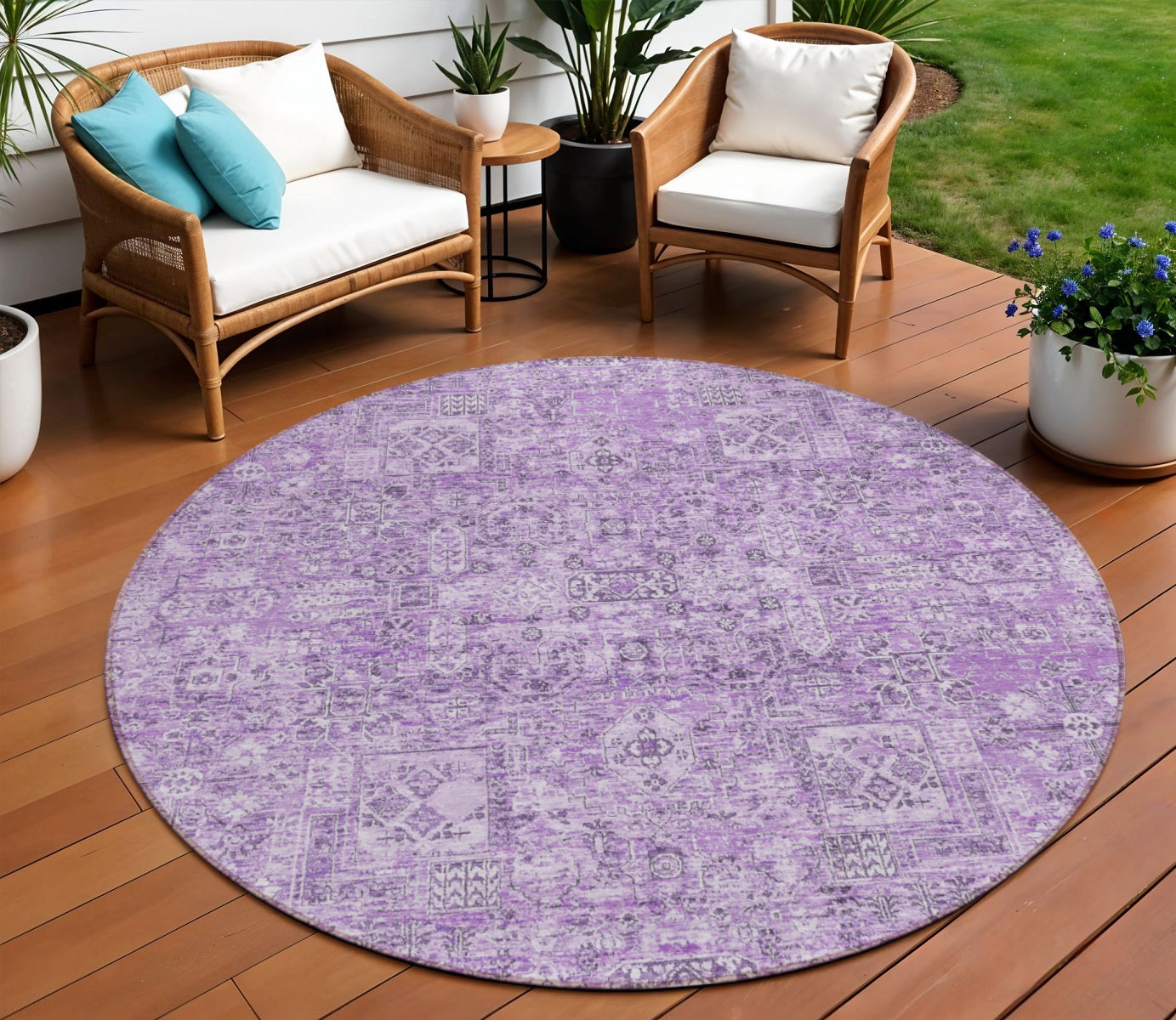 8 Lilac And Purple Round Floral Washable Indoor Outdoor Area Rug