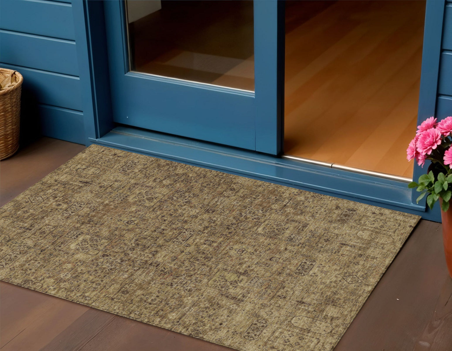 3 X 5 Brown And Taupe Floral Washable Indoor Outdoor Area Rug