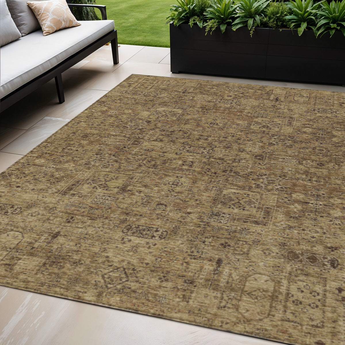 5 X 8 Brown And Taupe Floral Washable Indoor Outdoor Area Rug