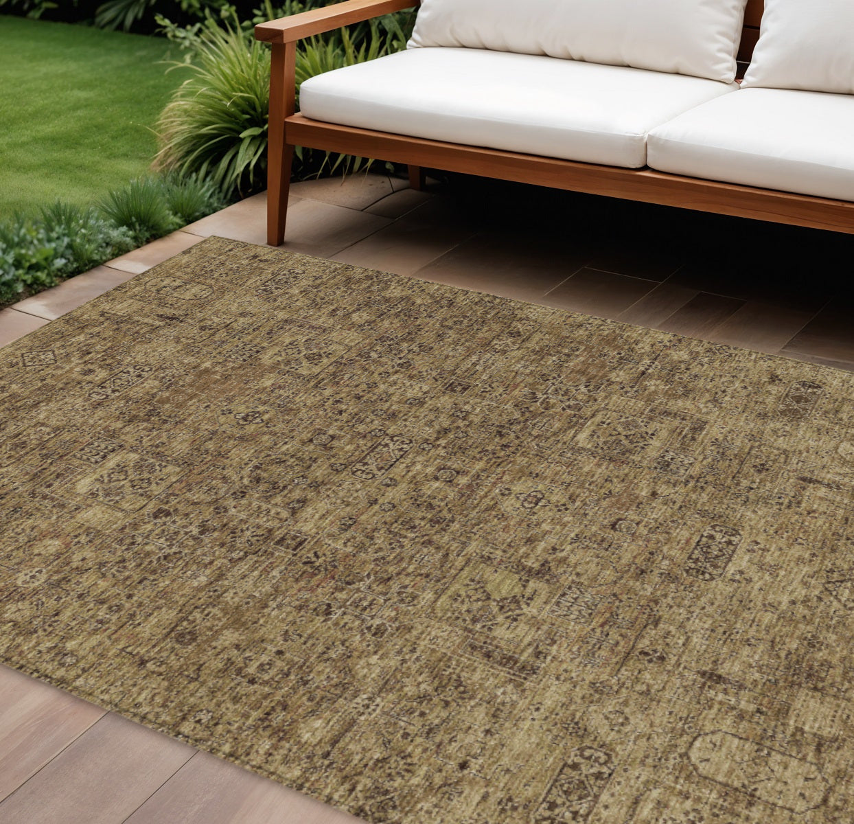 8 X 10 Brown And Taupe Floral Washable Indoor Outdoor Area Rug