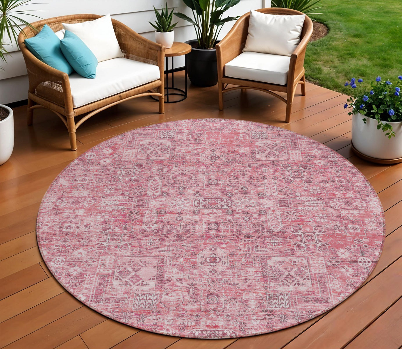8 Pink Blush And Charcoal Round Floral Washable Indoor Outdoor Area Rug