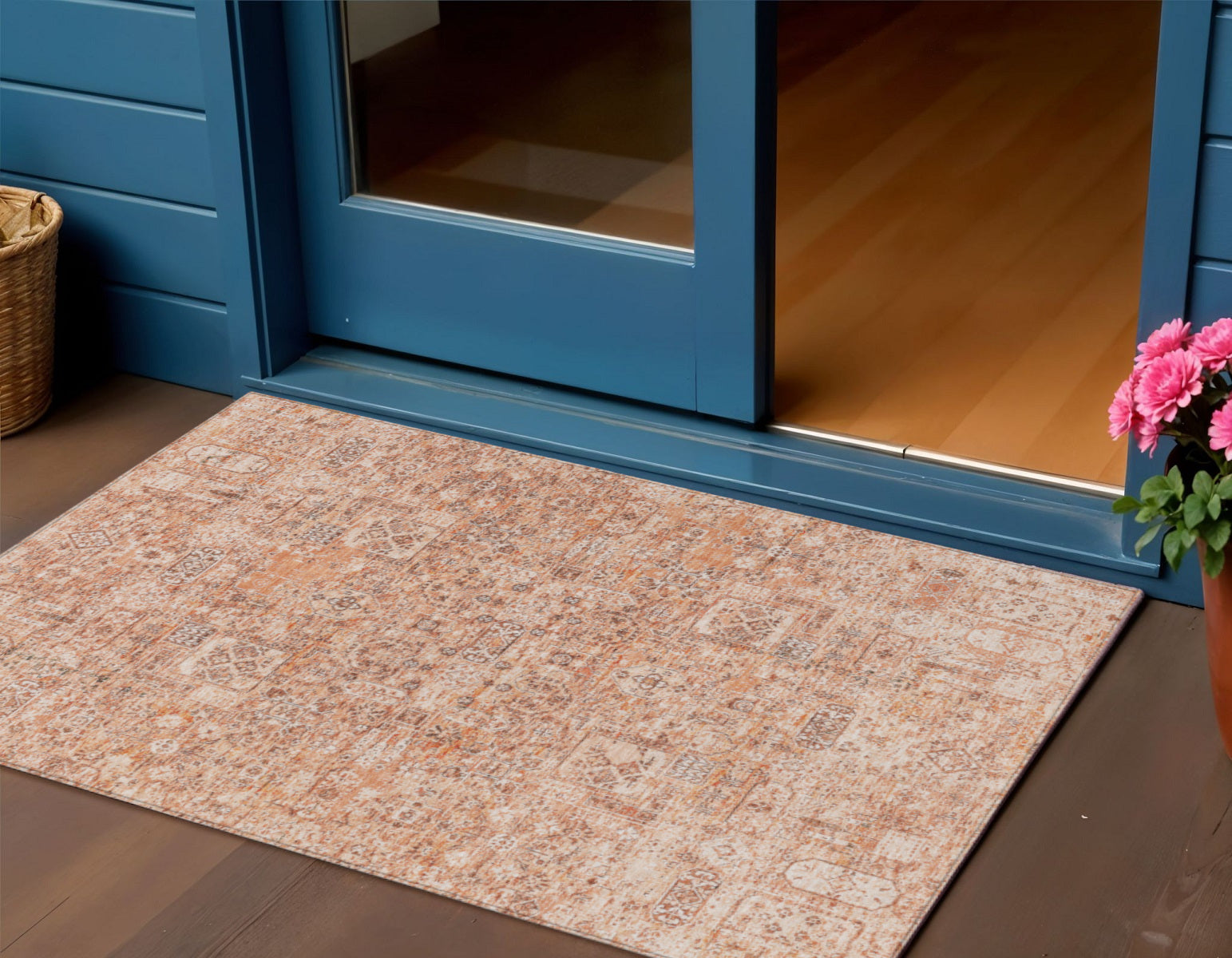 3 X 5 Salmon Orange And Gray Floral Washable Indoor Outdoor Area Rug