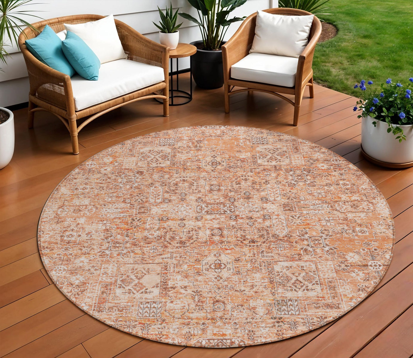 8 Salmon Orange And Gray Round Floral Washable Indoor Outdoor Area Rug