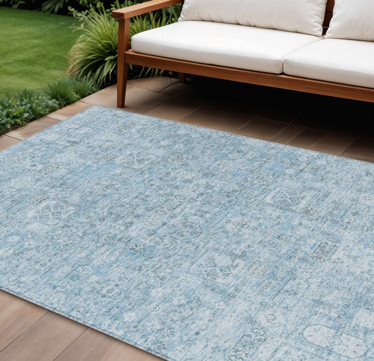 10 X 14 Sky Blue And Denim Blue Floral Washable Indoor Outdoor Area Rug