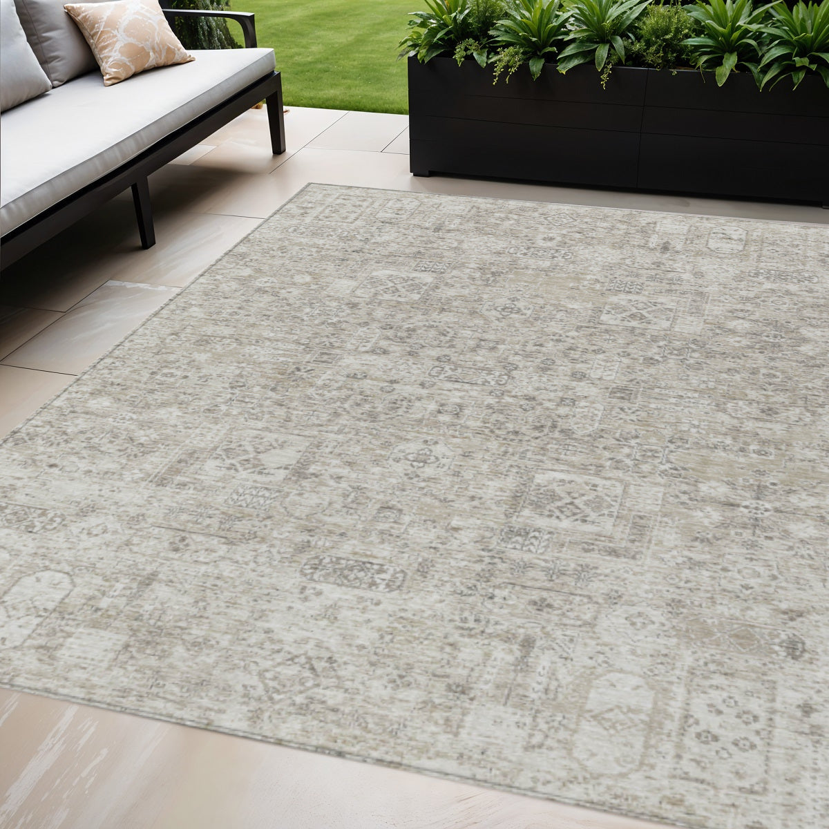 5 X 8 Taupe Beige And Gray Floral Washable Indoor Outdoor Area Rug