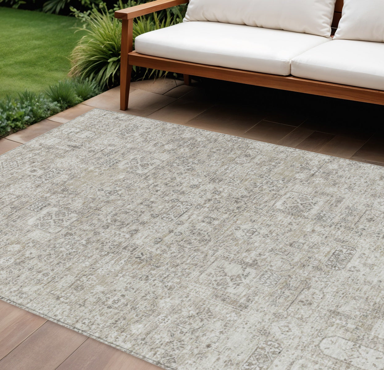 8 X 10 Taupe Beige And Gray Floral Washable Indoor Outdoor Area Rug