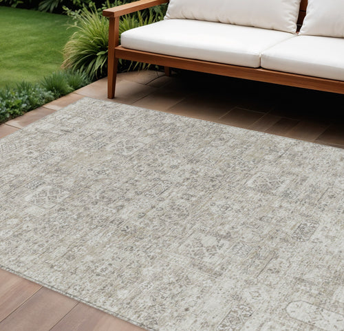 10 X 14 Taupe Beige And Gray Floral Washable Indoor Outdoor Area Rug