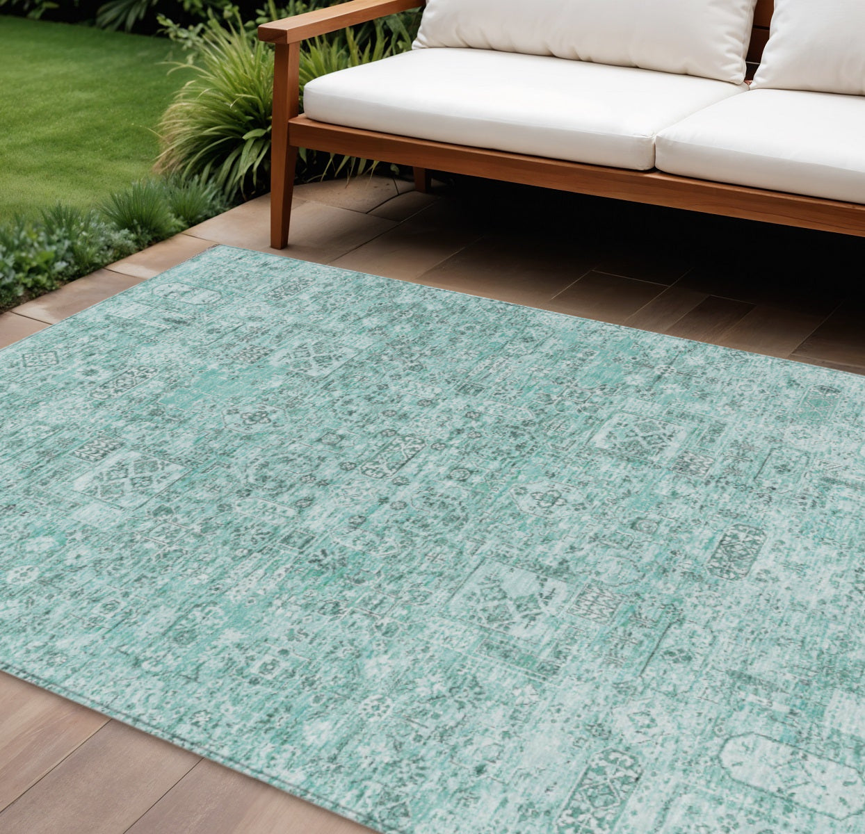 9 X 12 Teal Blue Aqua And Gray Floral Washable Indoor Outdoor Area Rug
