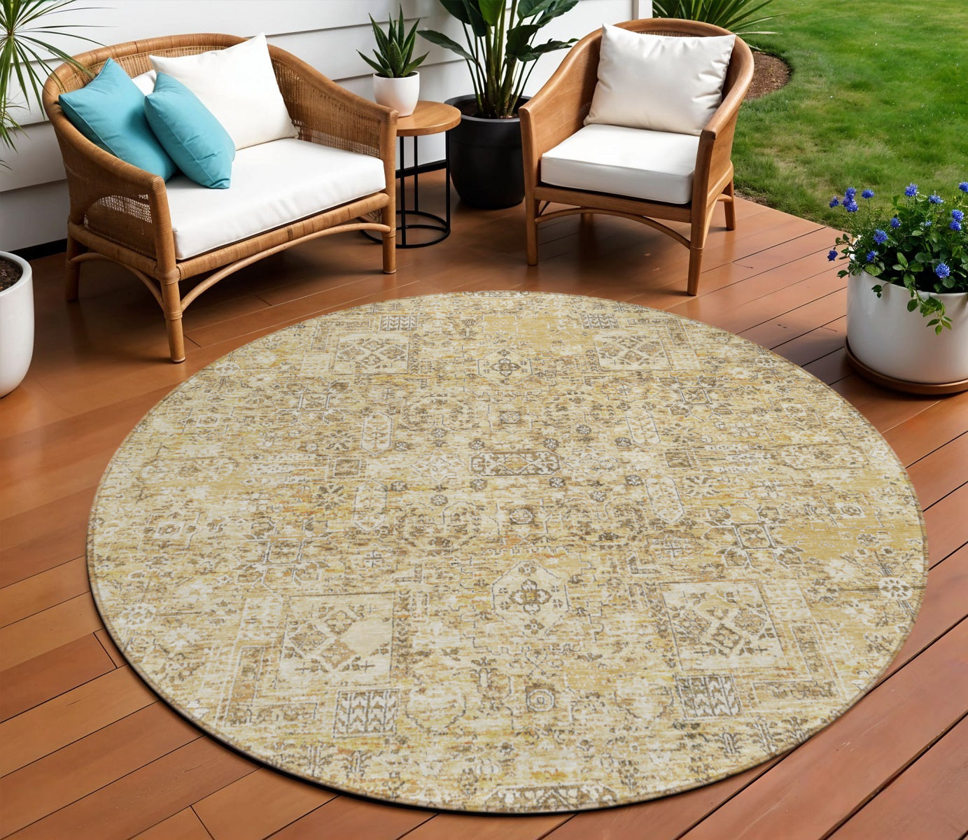 8 Wheat Beige And Gray Round Floral Washable Indoor Outdoor Area Rug