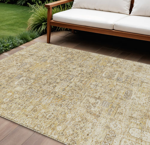 10 X 14 Wheat Beige And Gray Floral Washable Indoor Outdoor Area Rug