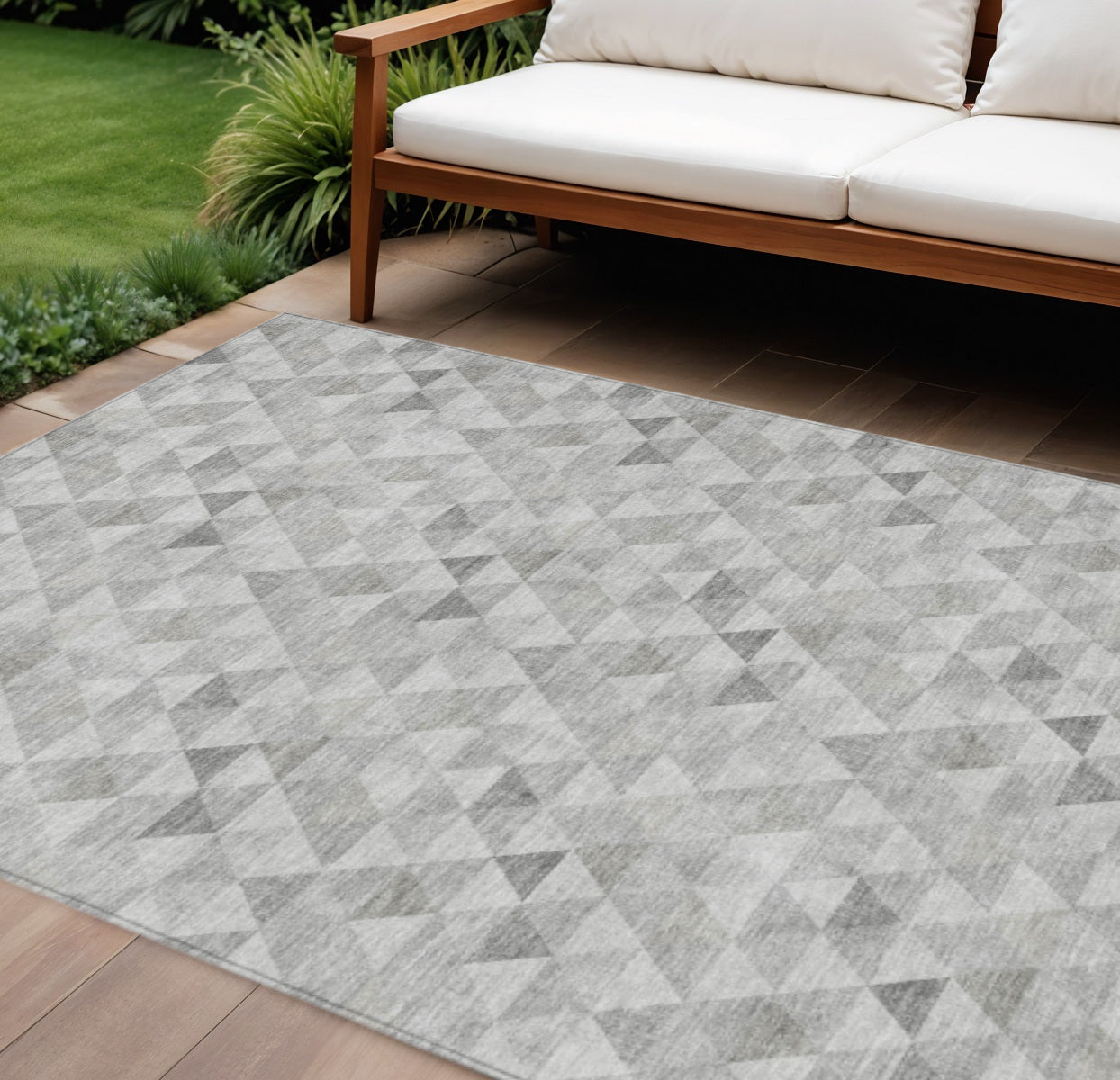9 X 12 Silver Beige And Taupe Geometric Washable Indoor Outdoor Area Rug