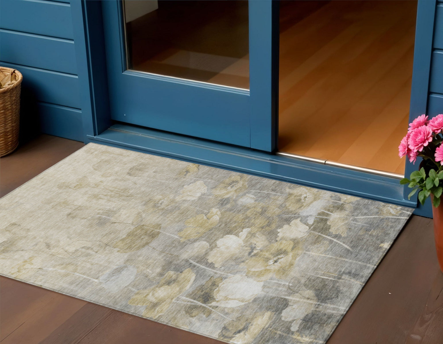 3 X 5 Beige Taupe And Wheat Floral Washable Indoor Outdoor Area Rug