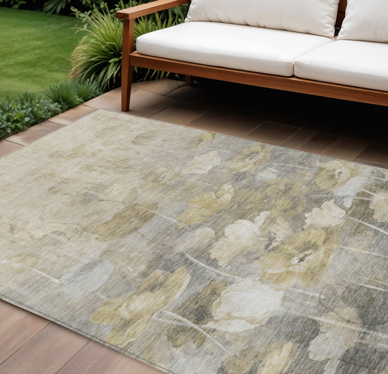 9 X 12 Beige Taupe And Wheat Floral Washable Indoor Outdoor Area Rug
